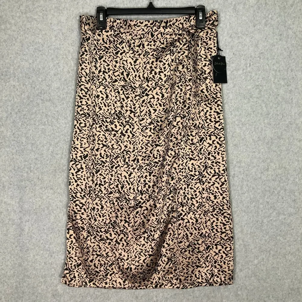 Japna‎ Skirt Womens Large Tan Black Satin Wrap Tie Midi Neutral Twee Preppy Glam